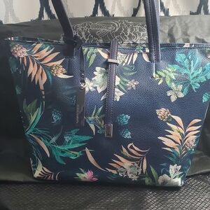 Vince Camuto Navy Blue Floral Top Zip Saffiano Leather Tote